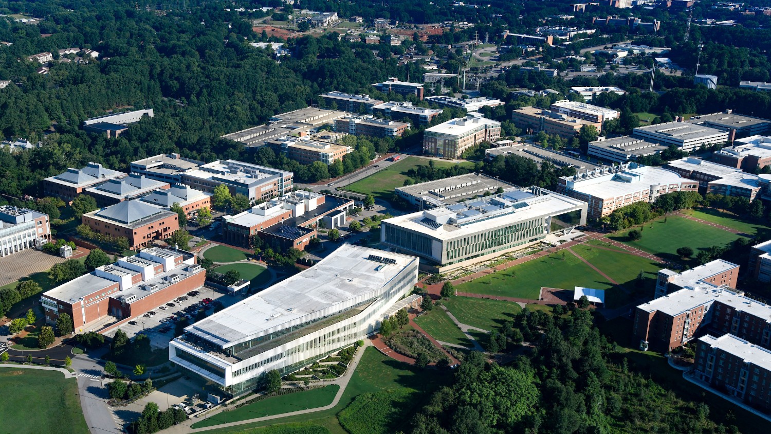 An aerial view of Centennial Campus, including Fitts Woolard Hall and Hunt Library